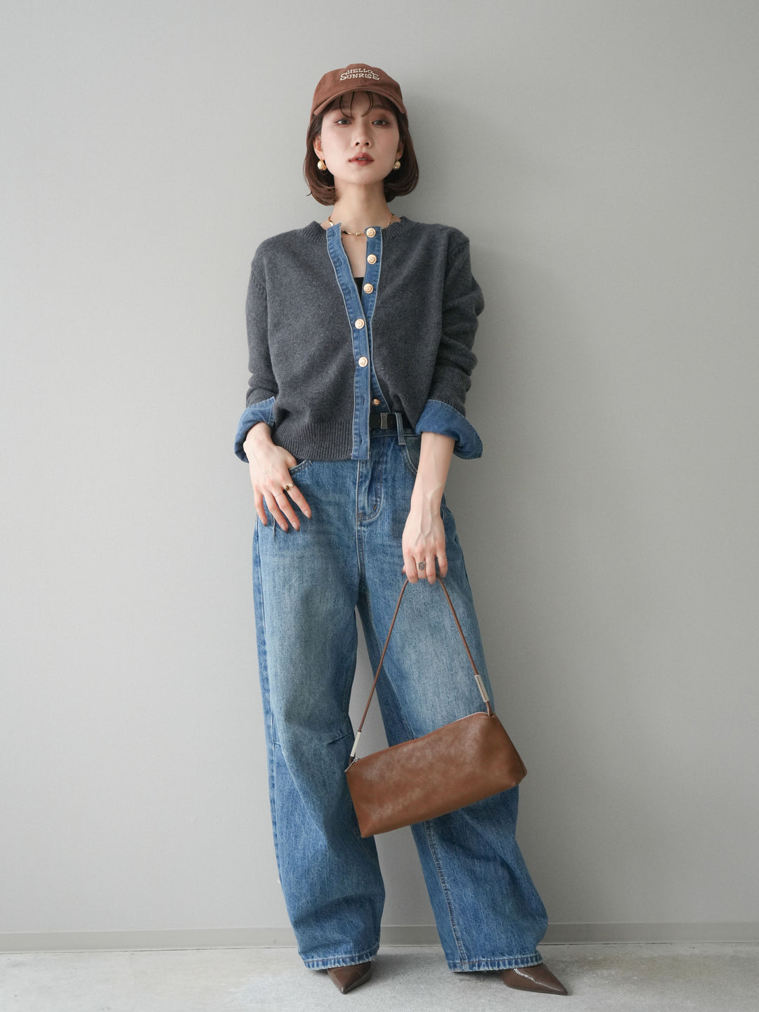 [SET]クルーネックデニムドッキングニットカーディガン+選べるアクセセット(2set)