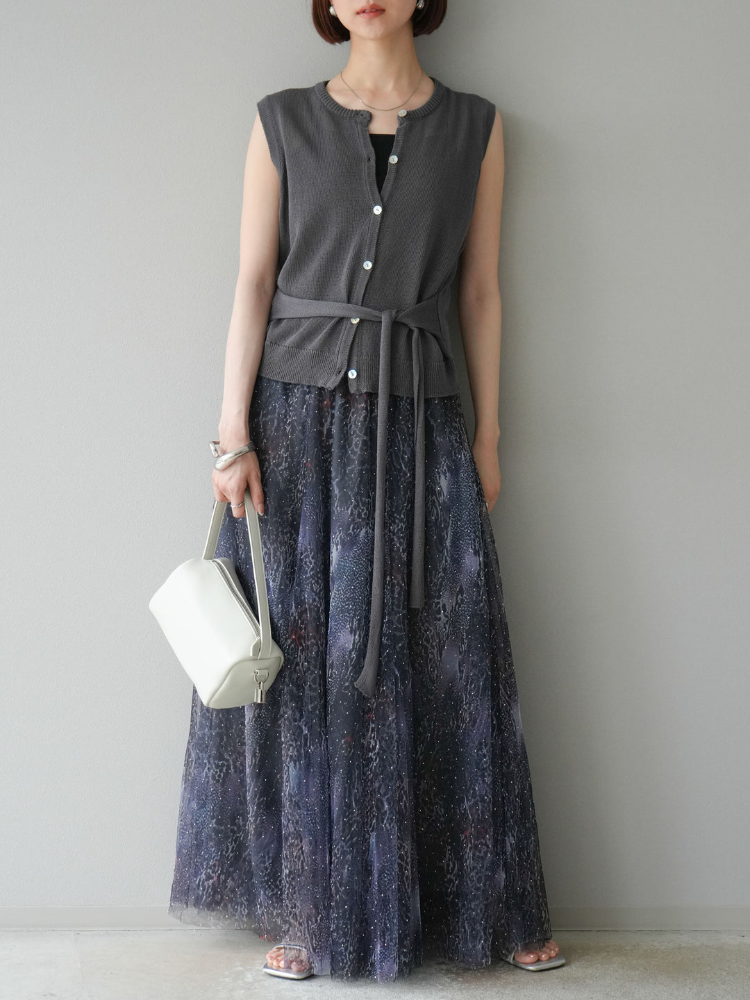 [予約]ニュアンス柄チュールレイヤードプリーツスカート/ネイビー