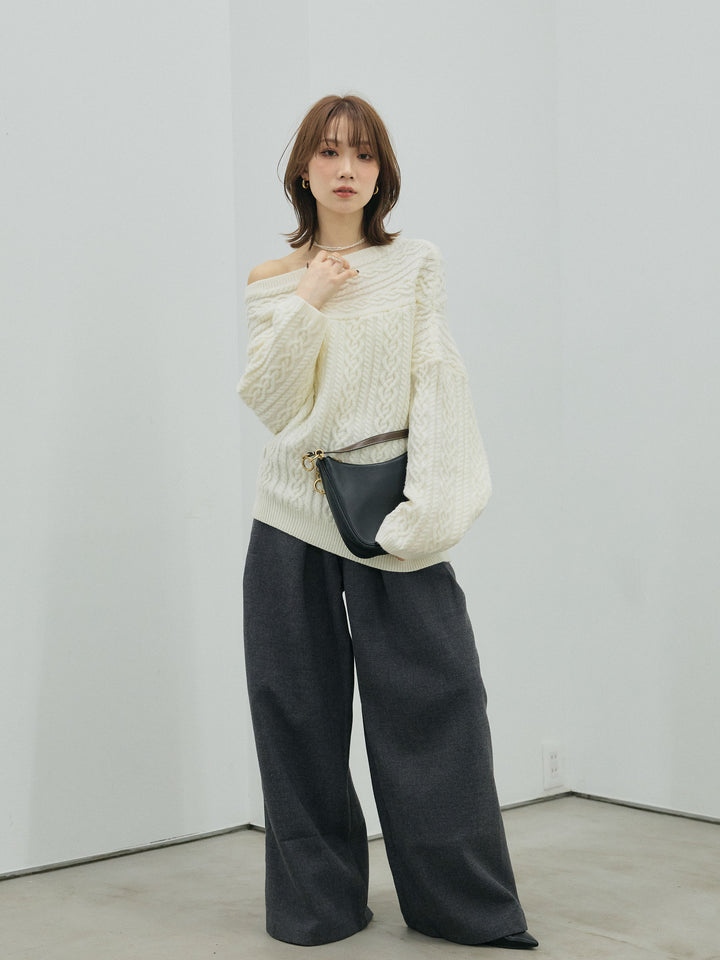 【Allure】[SET]ケーブルワンショルニットプルオーバー+ループデザインツイルワイドパンツ(2set)