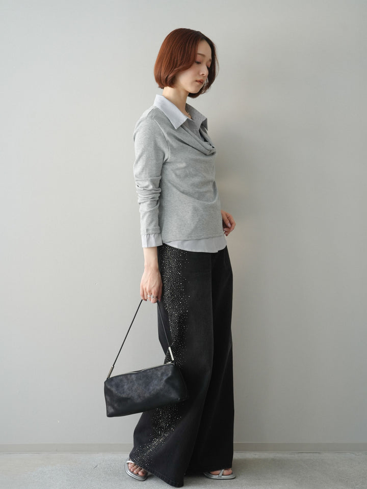 [予約]サイドビジューワイドデニムパンツ/black