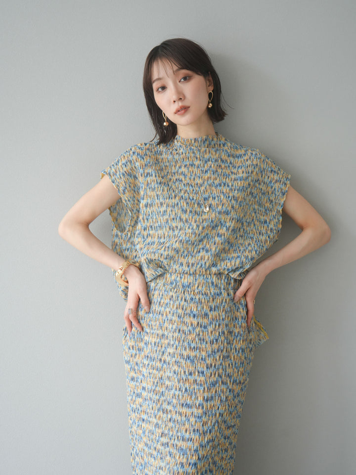 [予約]マルチカラーランダムプリーツフレンチトップス/イエロー