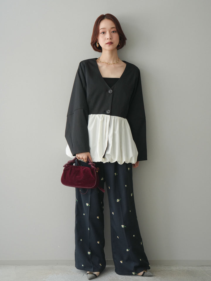 [予約]フラワー刺繍タックパンツ/navy