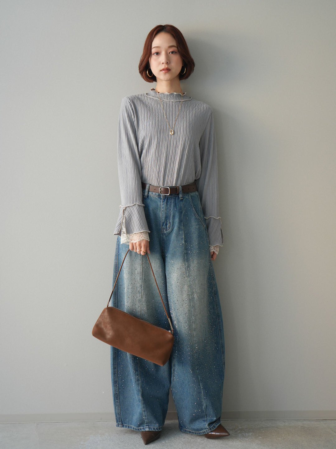 [予約]袖レース楊柳メロートップス/lightgray