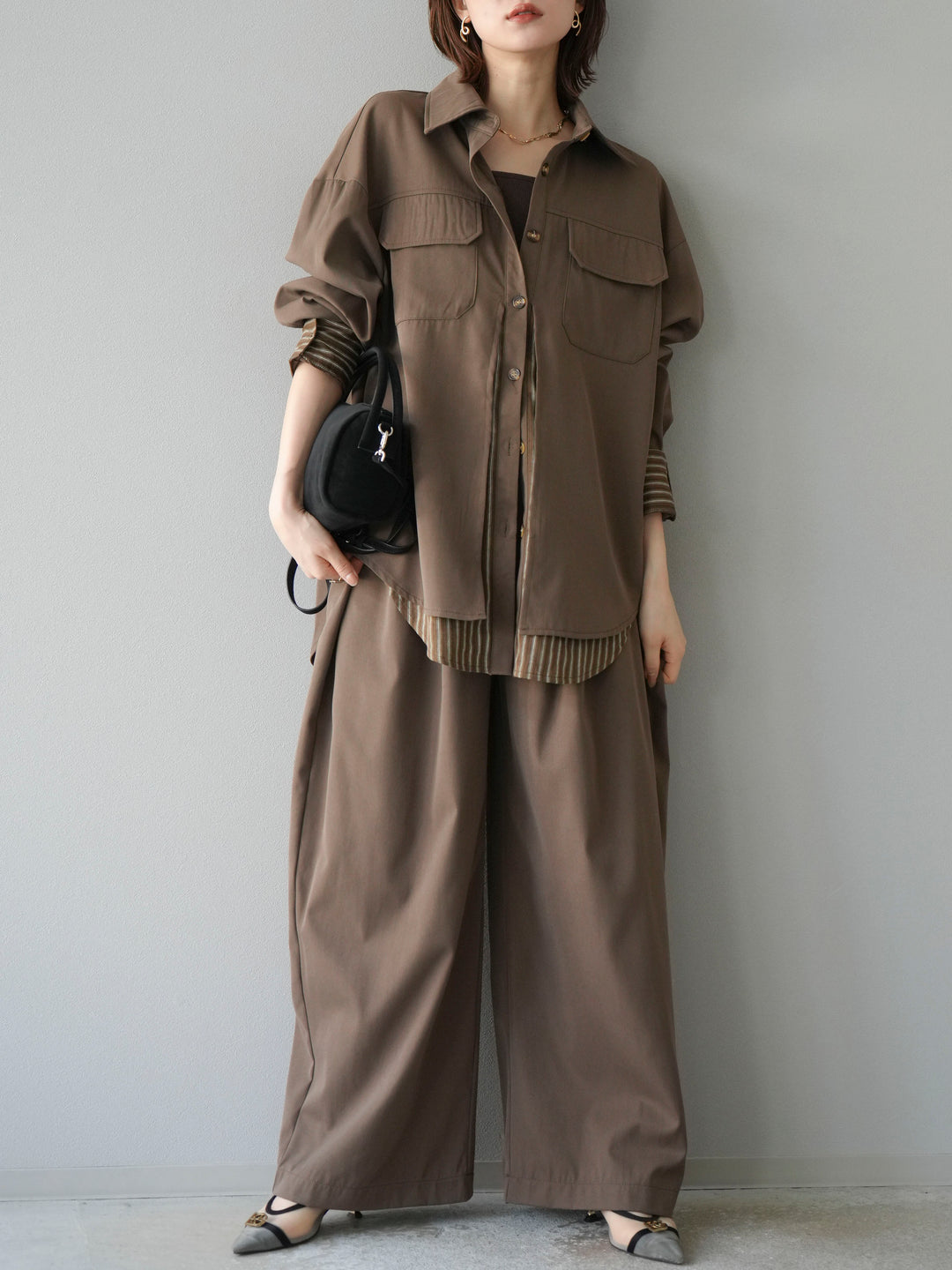 [予約]ストライプレイヤードシャツ/ブラウン