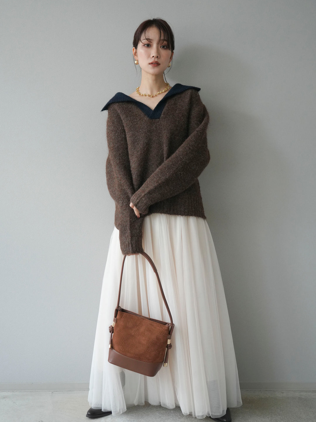 [予約]バイカラー襟付きニットプルオーバー/brown
