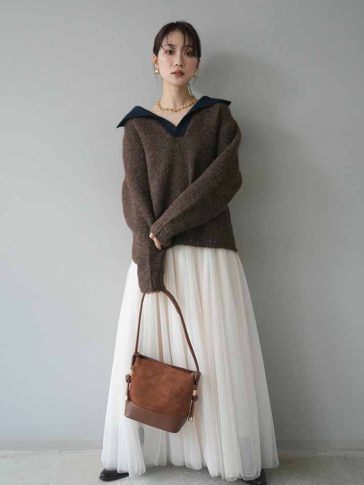 [予約]バイカラー襟付きニットプルオーバー/brown