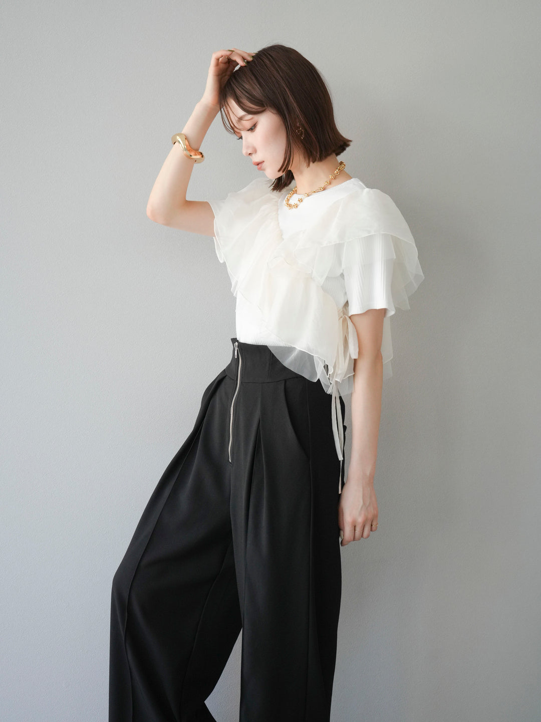 [予約]アシメフリルドッキングカットソー/オフホワイト