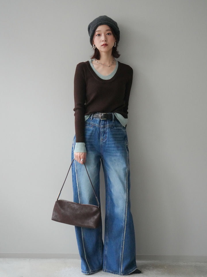 [予約]サイドフリンジワイドデニムパンツ/navy