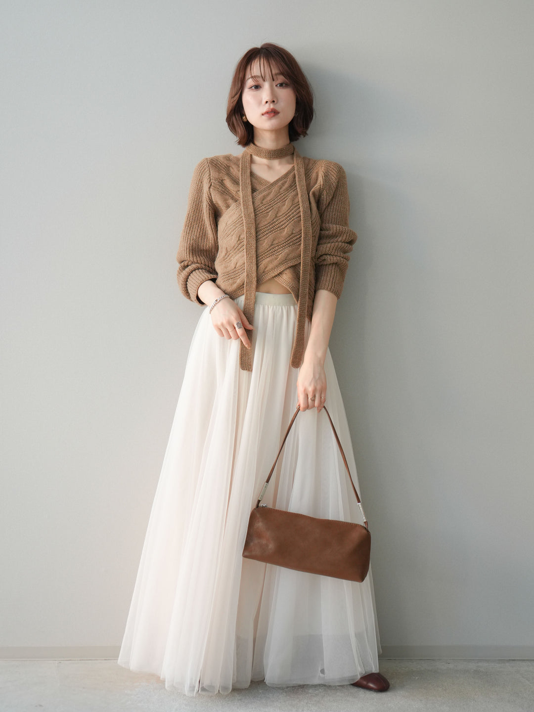 [SET]ケーブル編みクロスニットトップス+チュールボリュームスカート(2set)