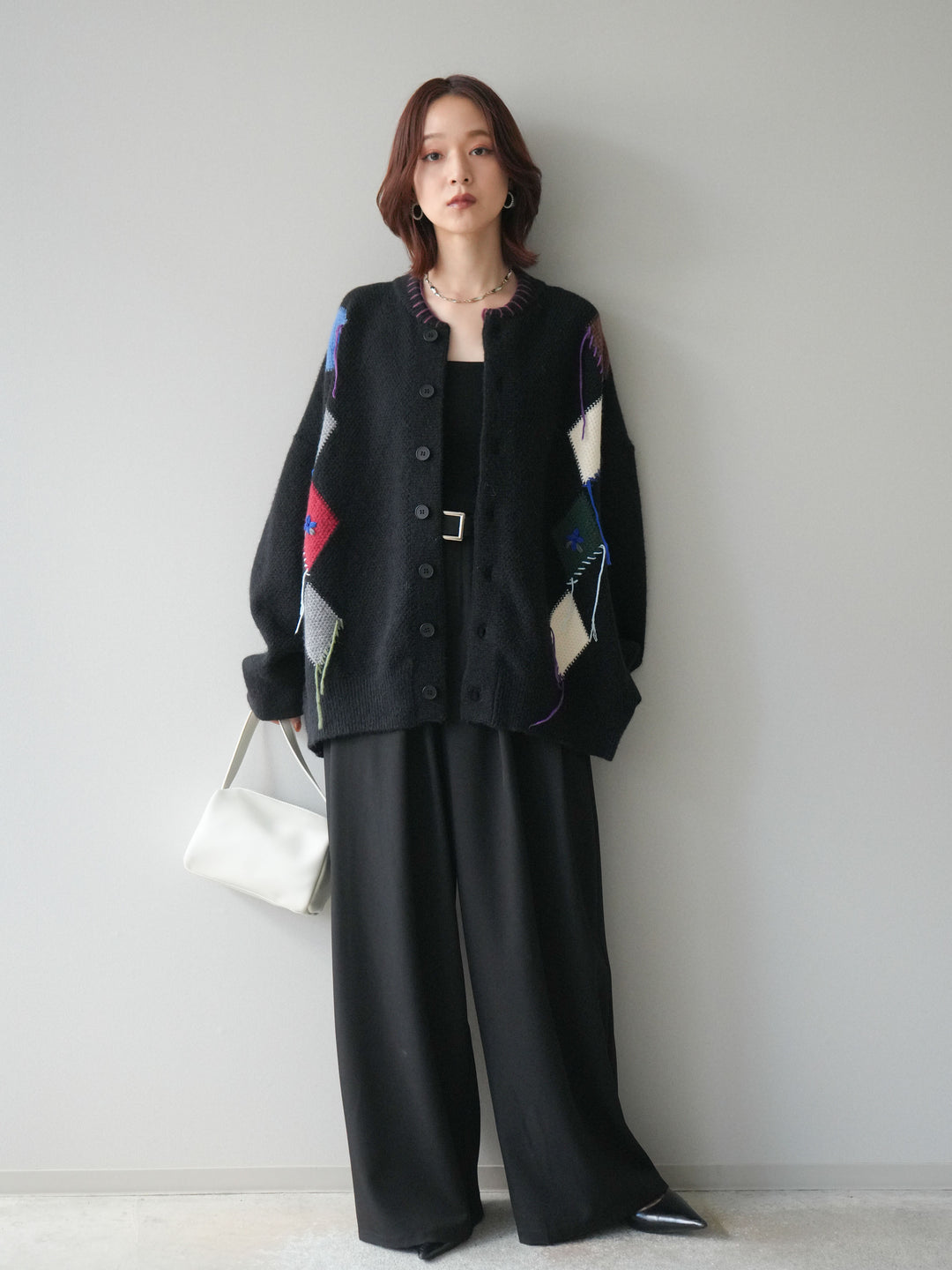 [SET]ハンドステッチアーガイルデザインニットカーディガン+ベルトループデザインワイドパンツ(2set)