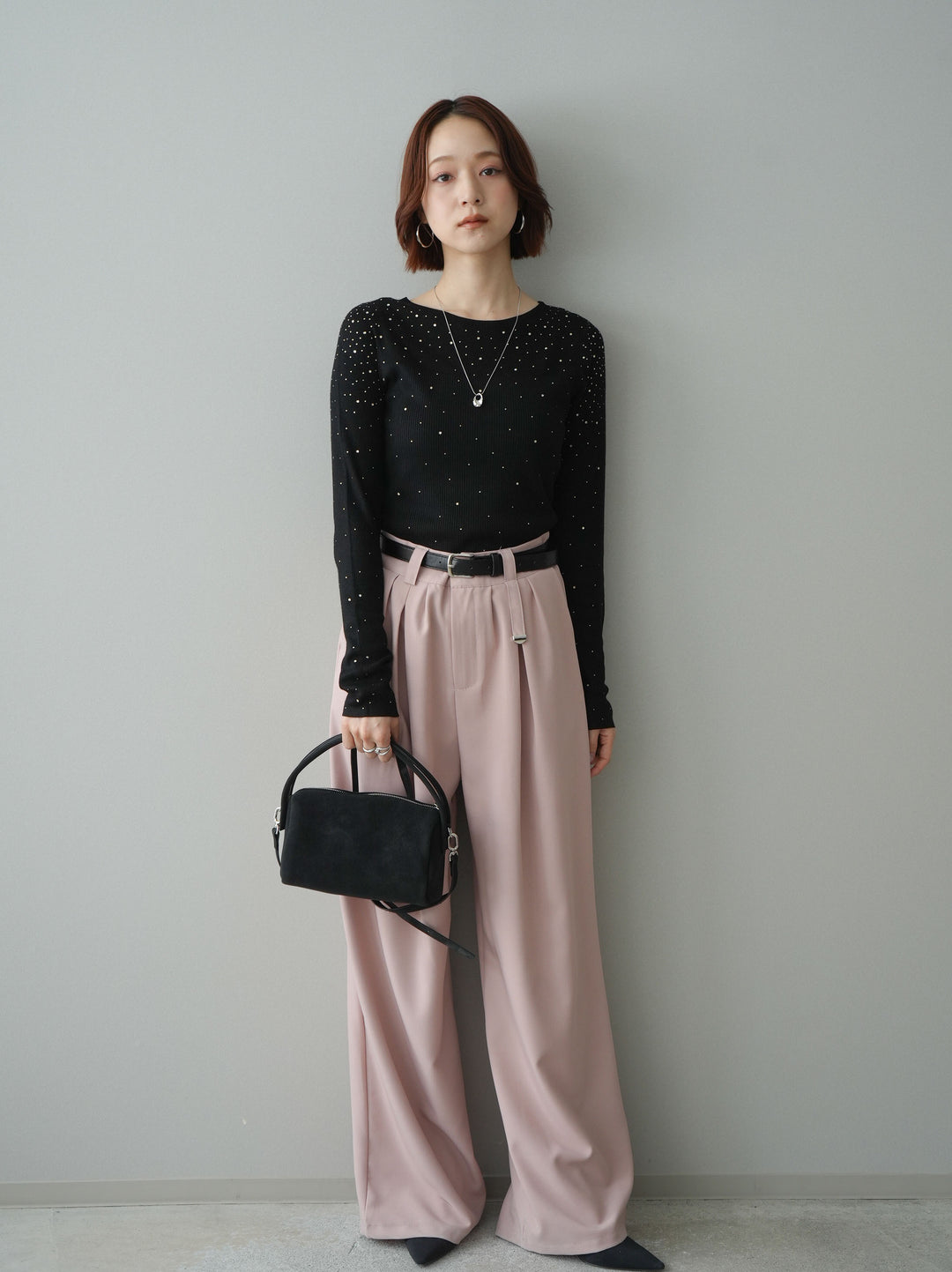[SET]スパンコールシアーニットトップス+ベルト付キーホルダーモチーフワイドパンツ(2set)