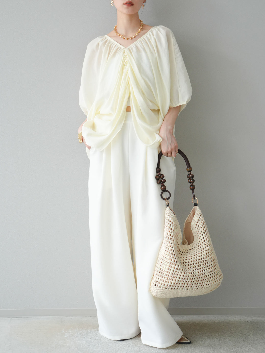 [SET]ボリュームスリーブシアータックブラウス+リネンライクイージーワイドパンツ(2set)