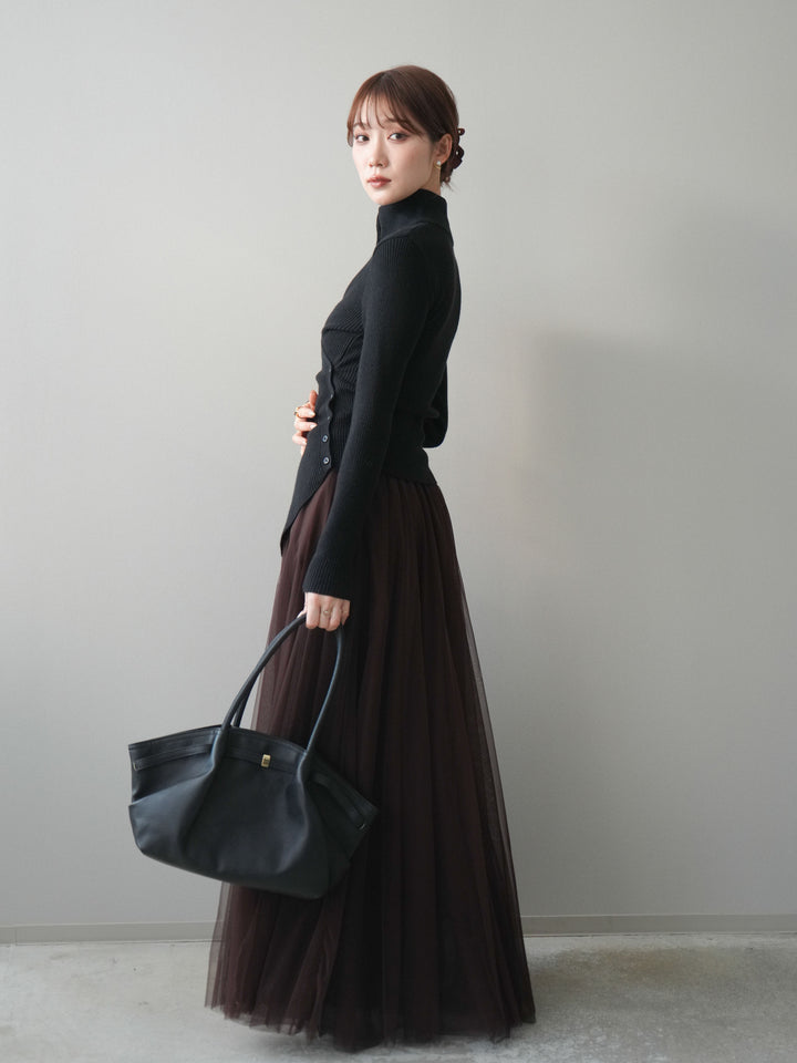 [予約]クロスデザインボトルネックリブニットトップス/black