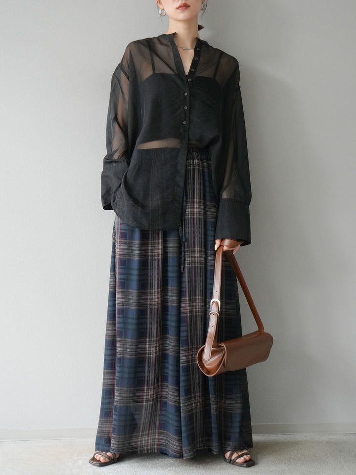 [預購] 透視格紋寬鬆褲/藏青色