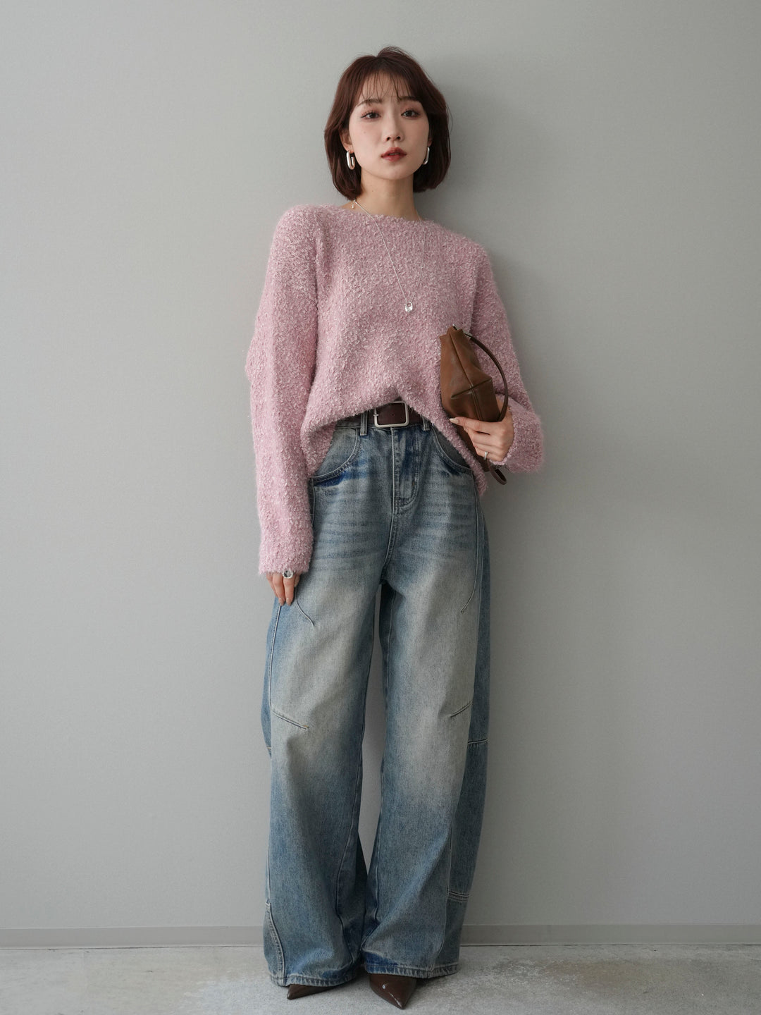 [SET]モールラメミックスヤーンニットプルオーバー+ベルト付カーブデニムパンツ(2set)