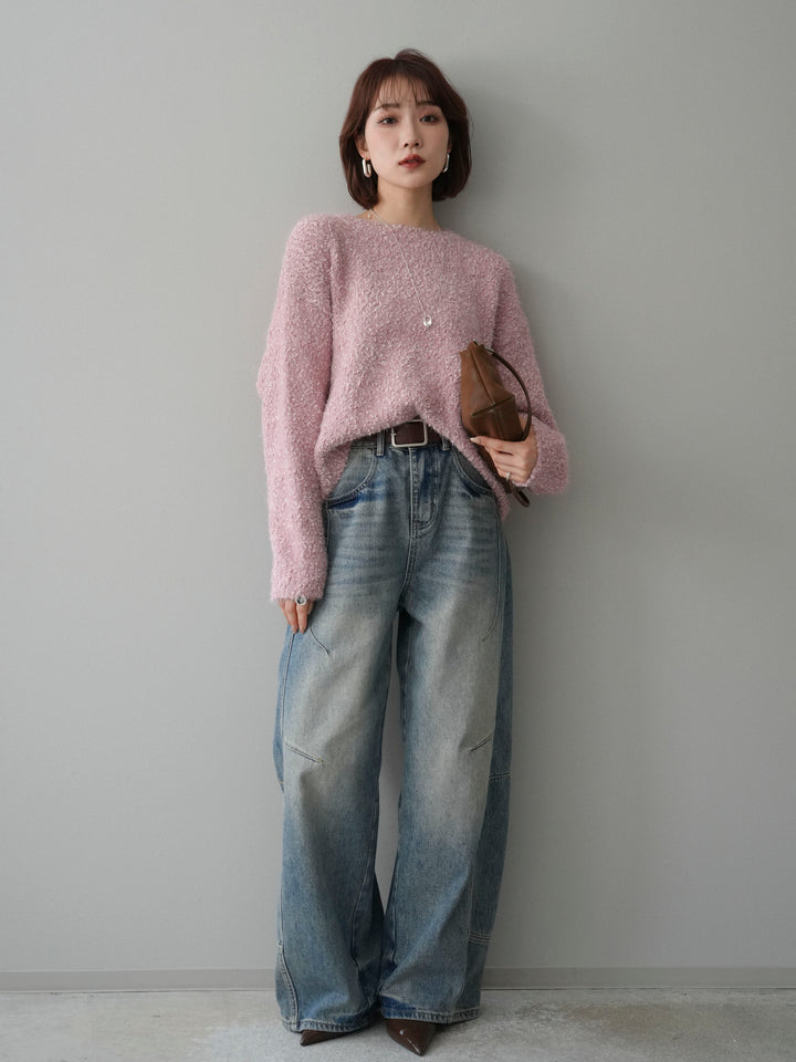 [SET]モールラメミックスヤーンニットプルオーバー+ベルト付カーブデニムパンツ(2set)