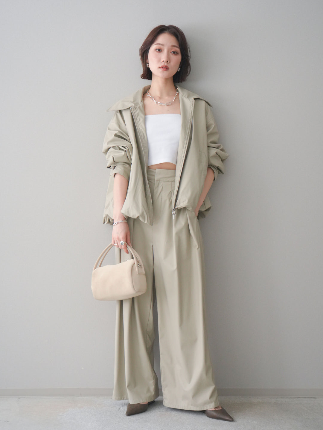 [予約]ウォッシャブルフェイクレザーバルーンジャケット/ecru