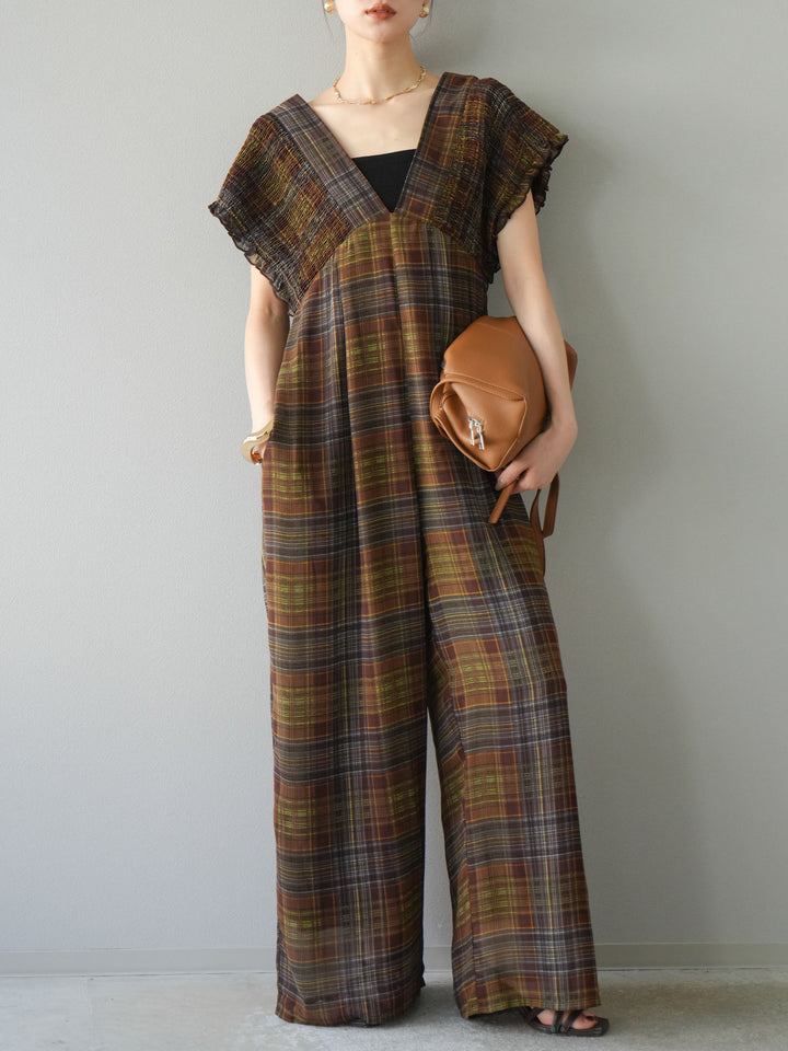 [予約]シアーチェックシャーリングサロペット/ブラウン