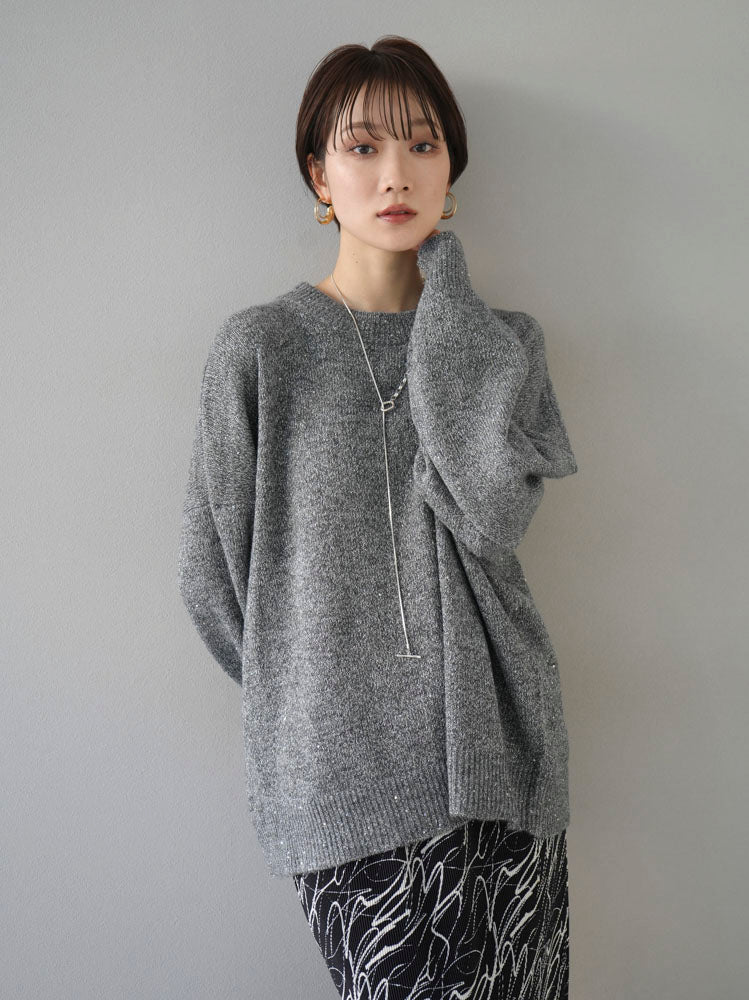 予約]ラメスパンコールニットプルオーバー/グレー – Lumier 