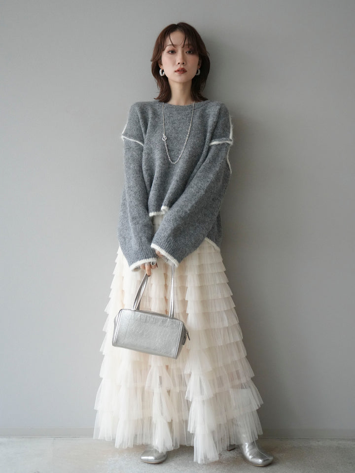 [SET]バイカラーレイヤードデザインニットプルオーバー+チュールティアードスカート(2set)
