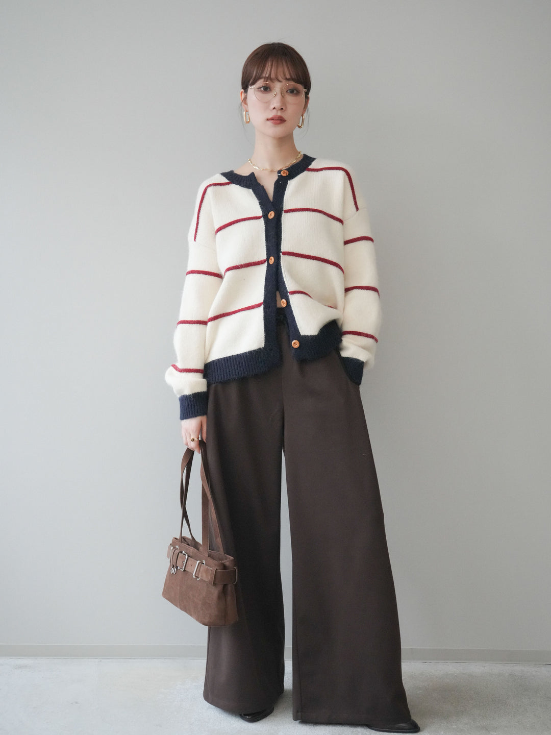 [予約]配色ボーダーニットカーディガン/red