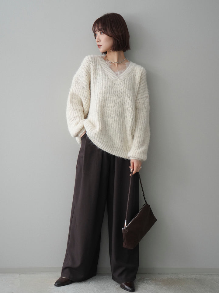 [SET]Vネックレースニットプルオーバー+ベルトループデザインワイドパンツ(2set)