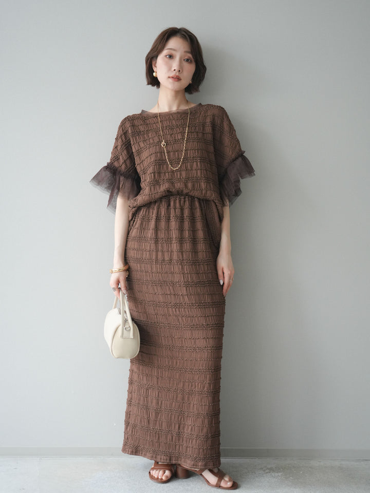 [SET]チュール袖リップルトップス+リップルIラインスカート(2set)