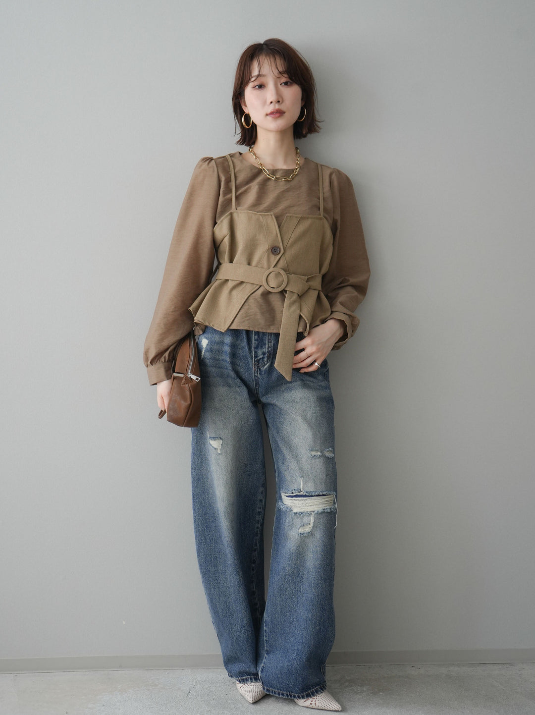 [SET]異素材ビスチェドッキングブラウス+選べるアクセセット(2set)