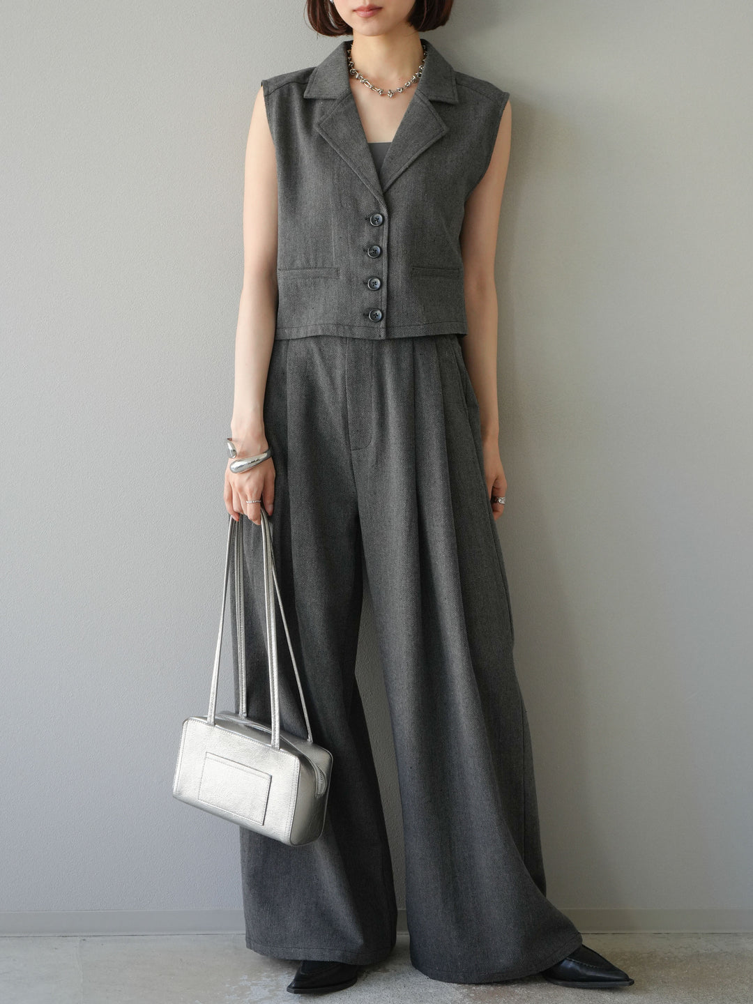 [予約]ツイードタッチタックワイドパンツ/ダークグレー