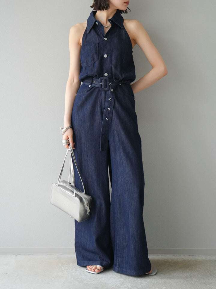 【預購】翻領牛仔連身衣/深藍色