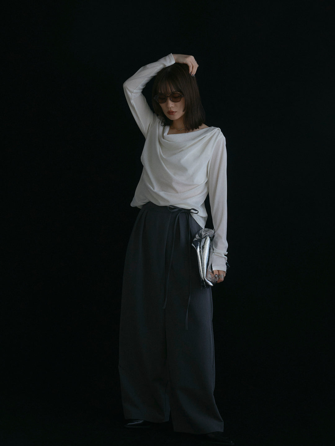 【Allure】[SET]シアーベロアタックデザイントップス+ラップデザインタックワイドパンツ(2set)