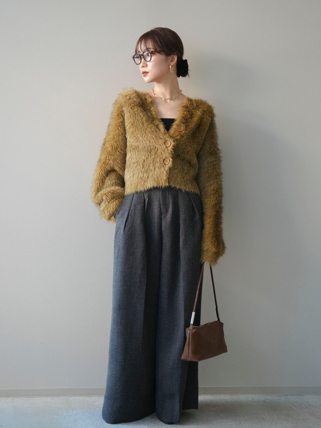 [予約]ミックスシャギーショートニットカーディガン/green