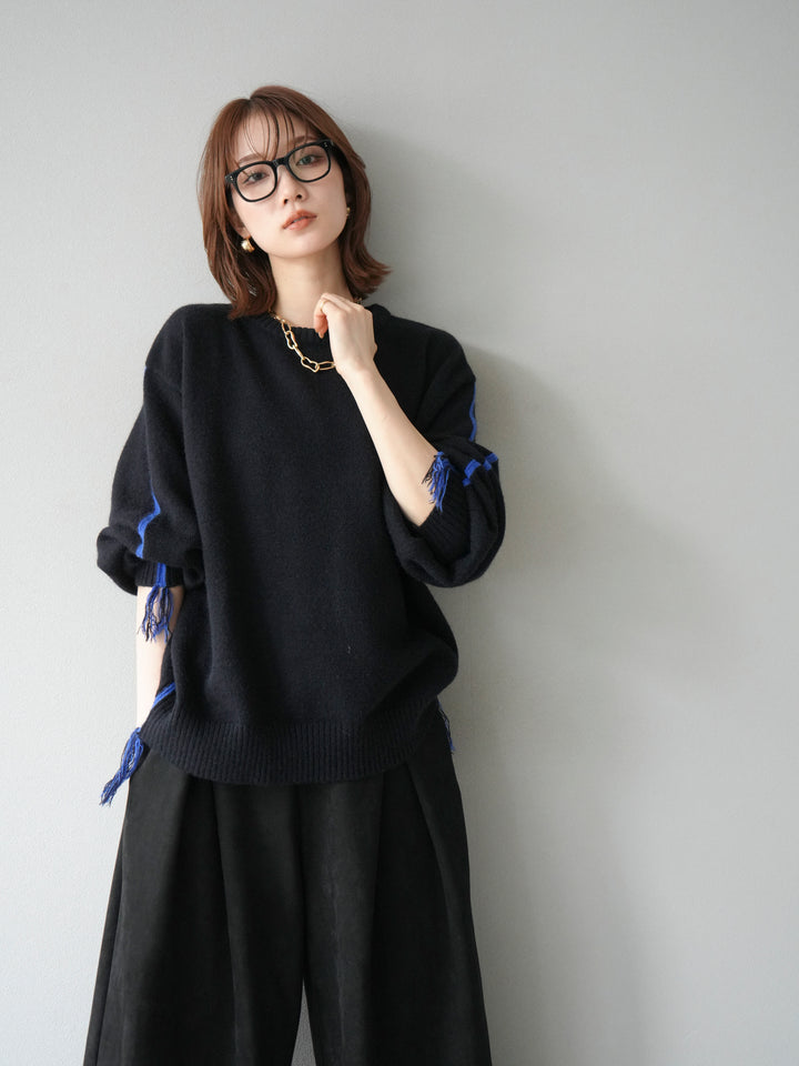 [予約]配色ステッチフリンジニットプルオーバー /ブラック