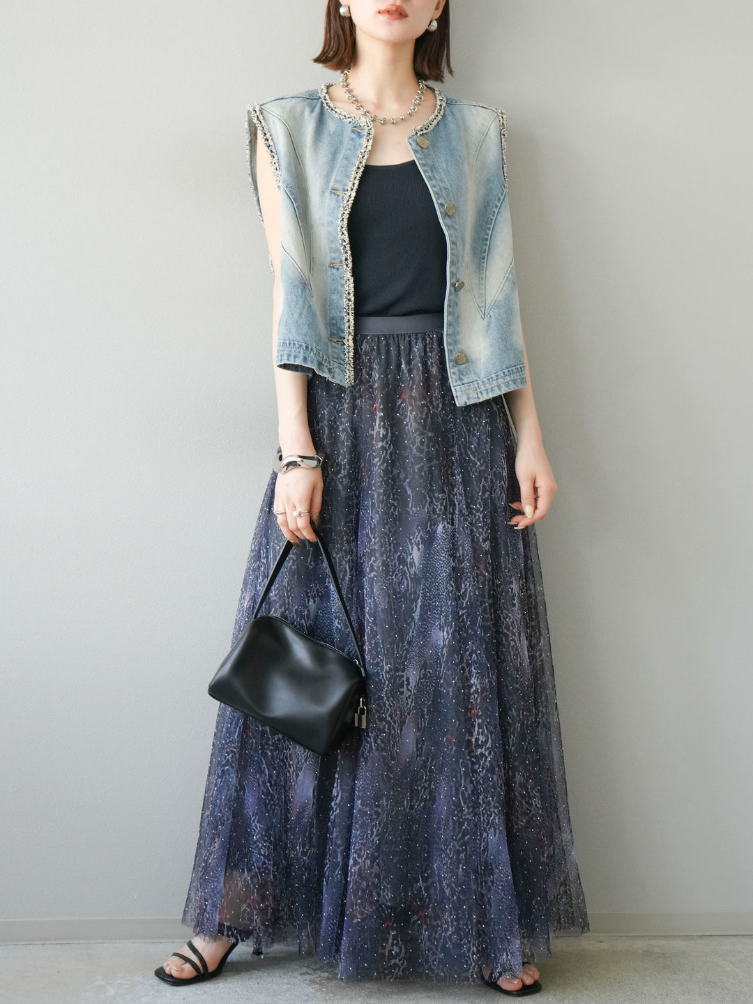 [予約]ニュアンス柄チュールレイヤードプリーツスカート/ネイビー