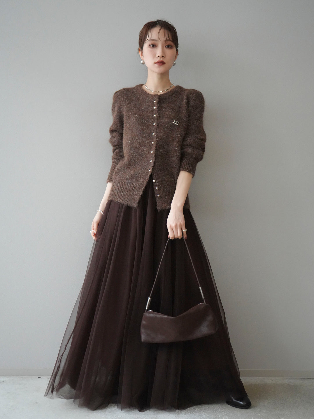 [SET]ブローチ付silverボタンミックスニットカーディガン+チュールボリュームスカート(2set)
