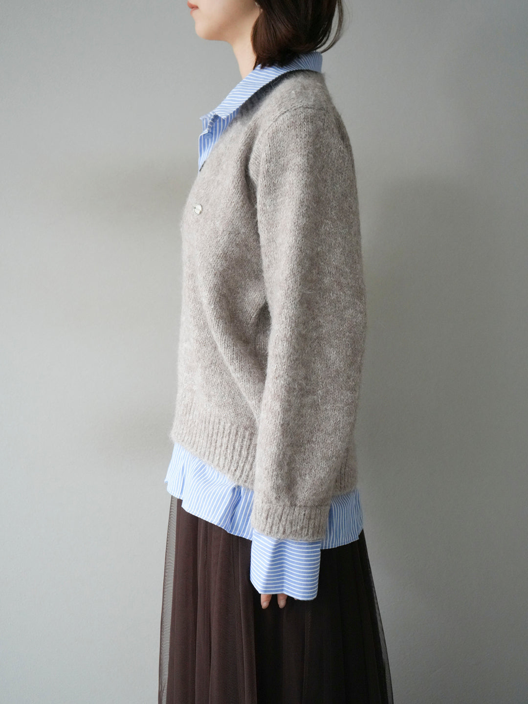 [予約]ストライプシャツドッキングMIXヤーンニットプルオーバー/beige