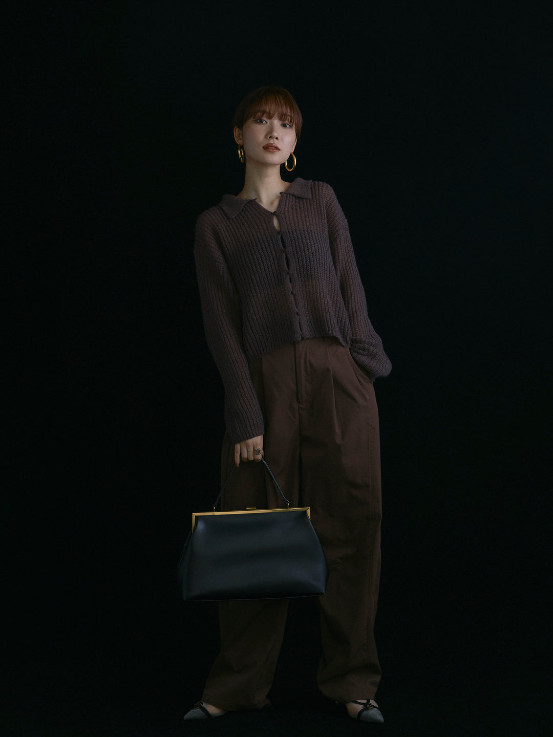 【Allure】[SET]起毛片畦編みシアーポロニット+タフタワイドカーブパンツ(2set)