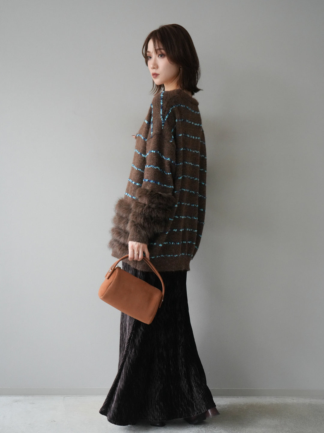 [SET]フェザーライン配色シャギーニットカーディガン+ベロアプリーツナロースカート(2set)