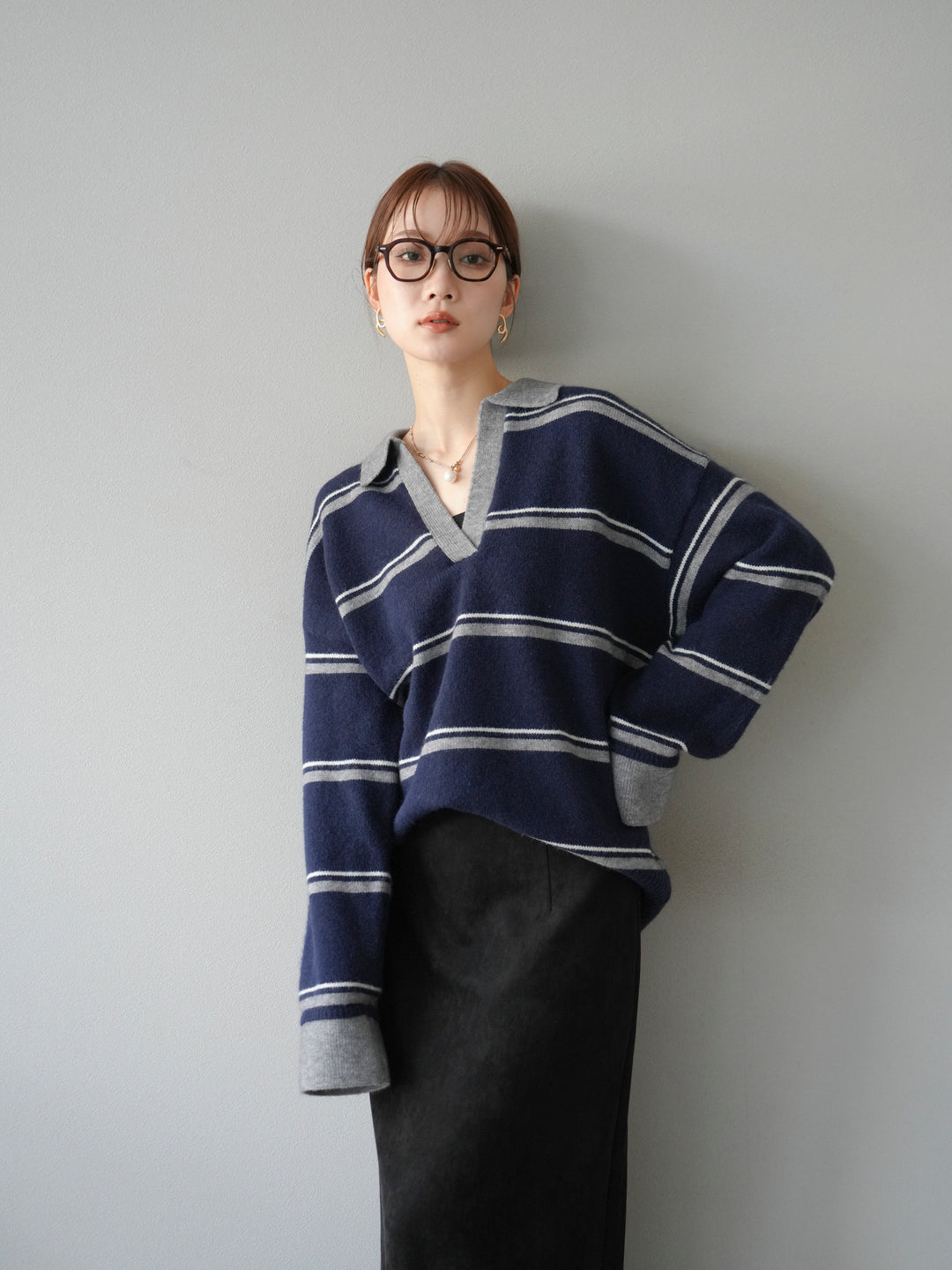[予約]ポロ襟スキッパーボーダーニットプルオーバー/ネイビー
