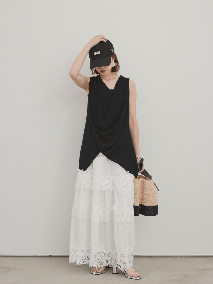 [SET]ドライタッチドレープニットプルオーバー+スカラップレースロングスカート(2set)