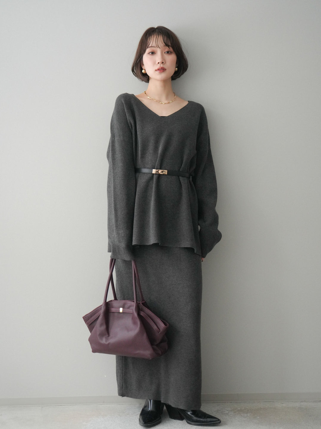 [SET]ベルト付Vネックニット＆スカートSET UP+選べるアクセセット(2set)