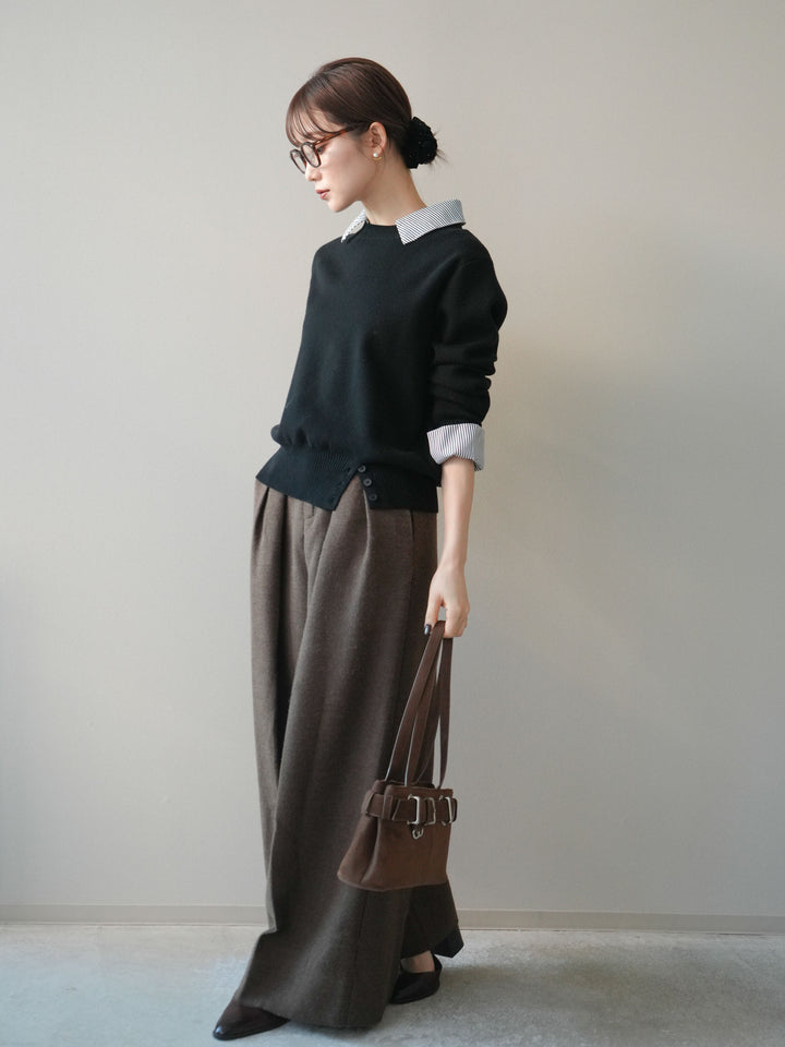 [予約]シャツドッキングデザイン裾ボタンニットプルオーバー/black