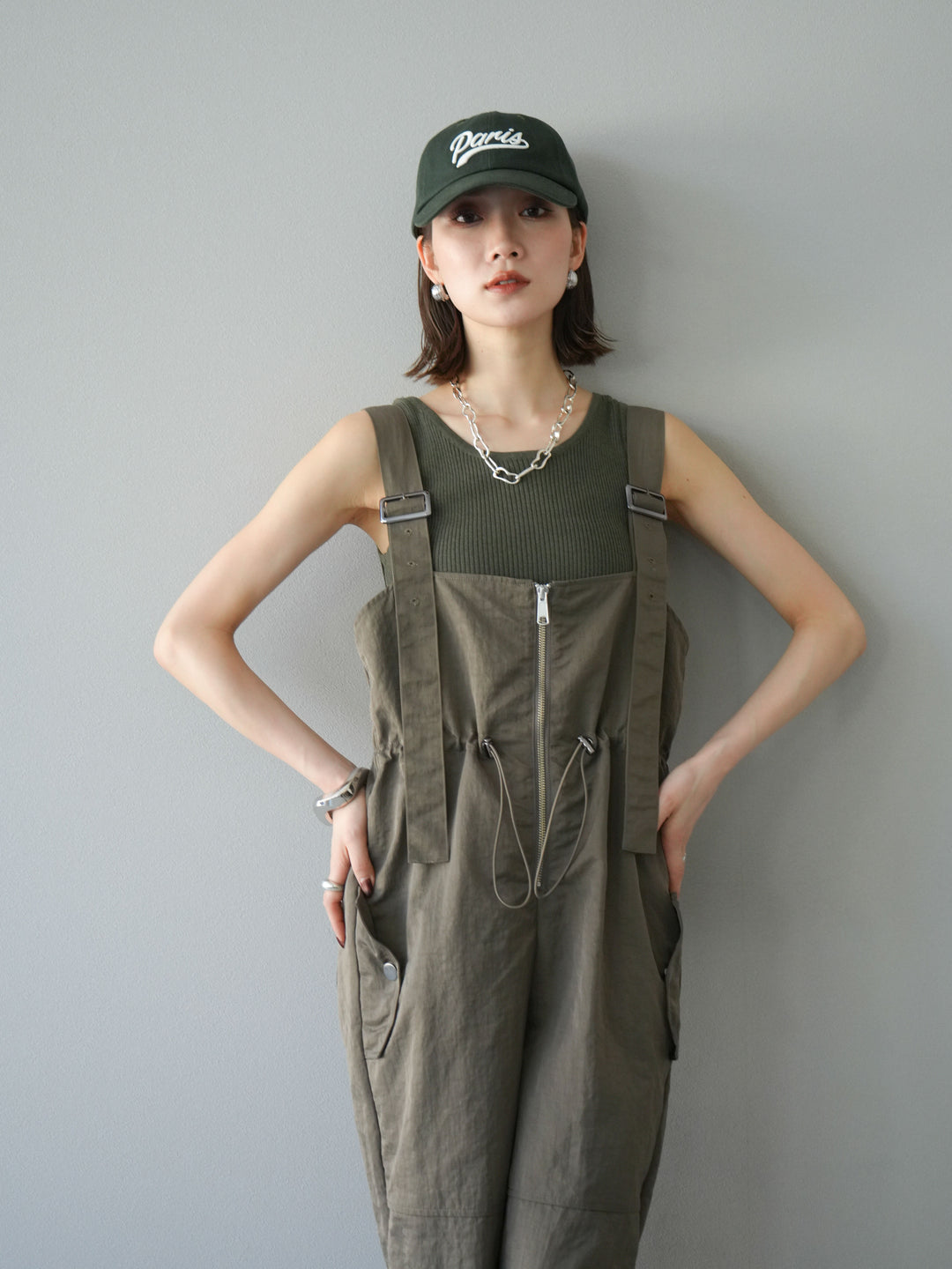 [予約]ナイロンタックデザインサロペット/カーキ