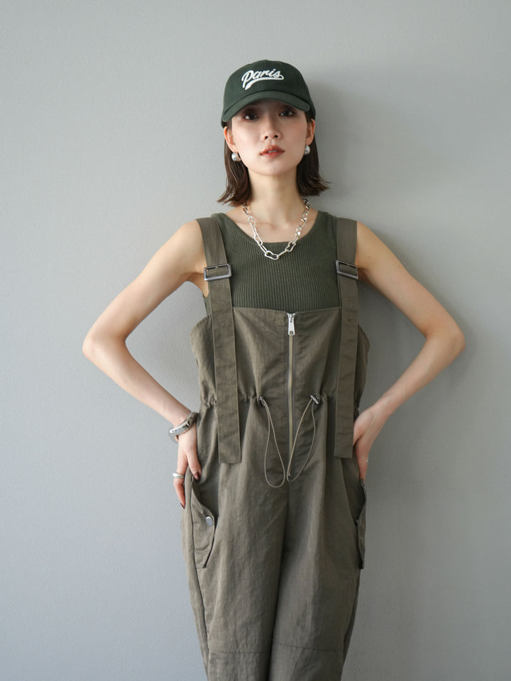 [予約]ナイロンタックデザインサロペット/カーキ