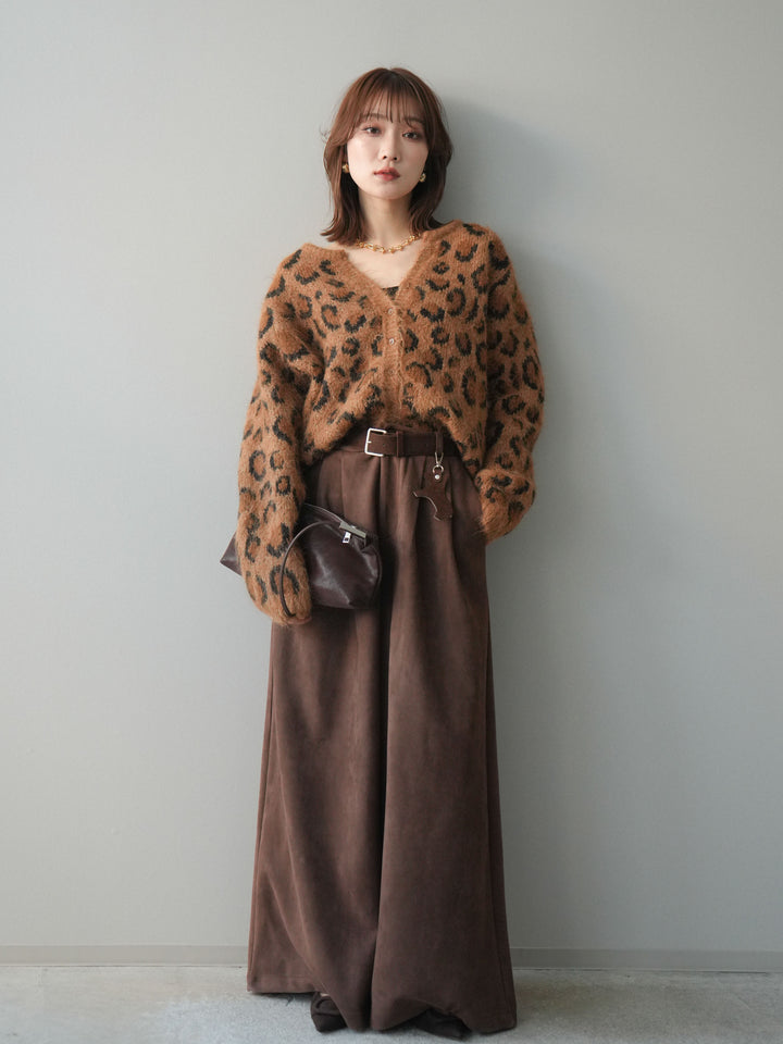 [予約]モヘアタッチレオパード柄ニットカーディガン/khaki