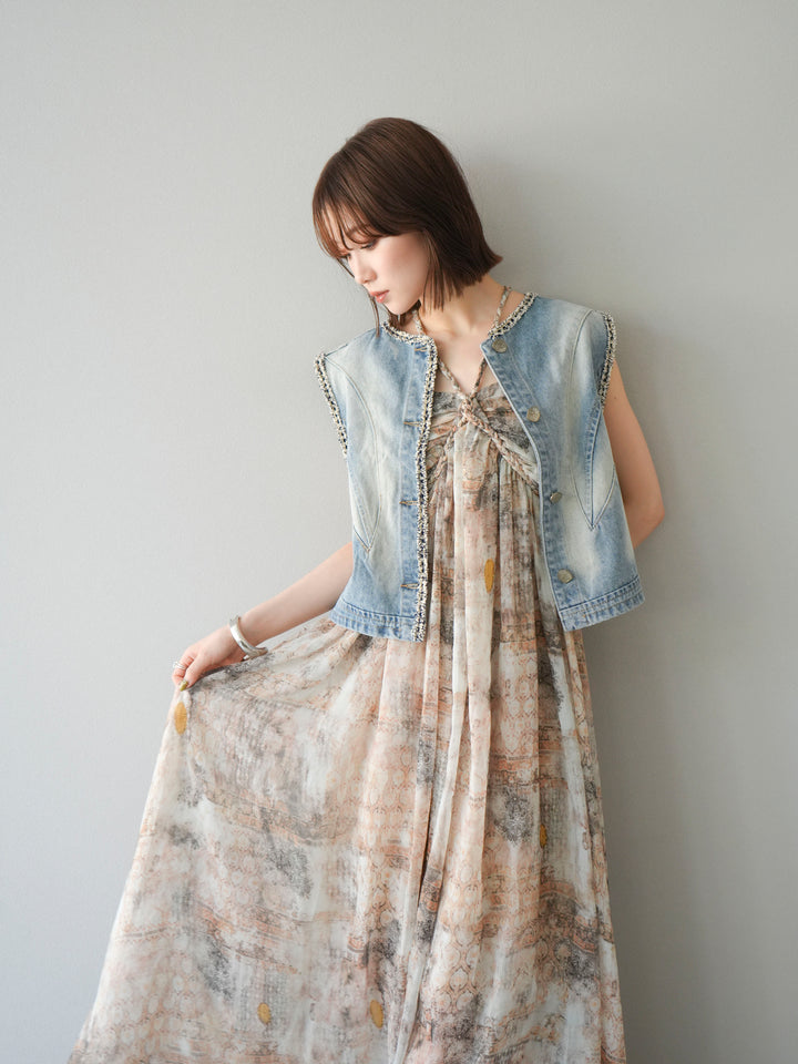 [予約]ツイードデザインデニムベスト/ライトブルー