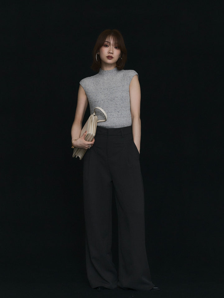 【Allure】[SET]ミックスヤーンデザインリブフレンチスリーブニット+デザインタックセンターシームアイドパンツ(2set)