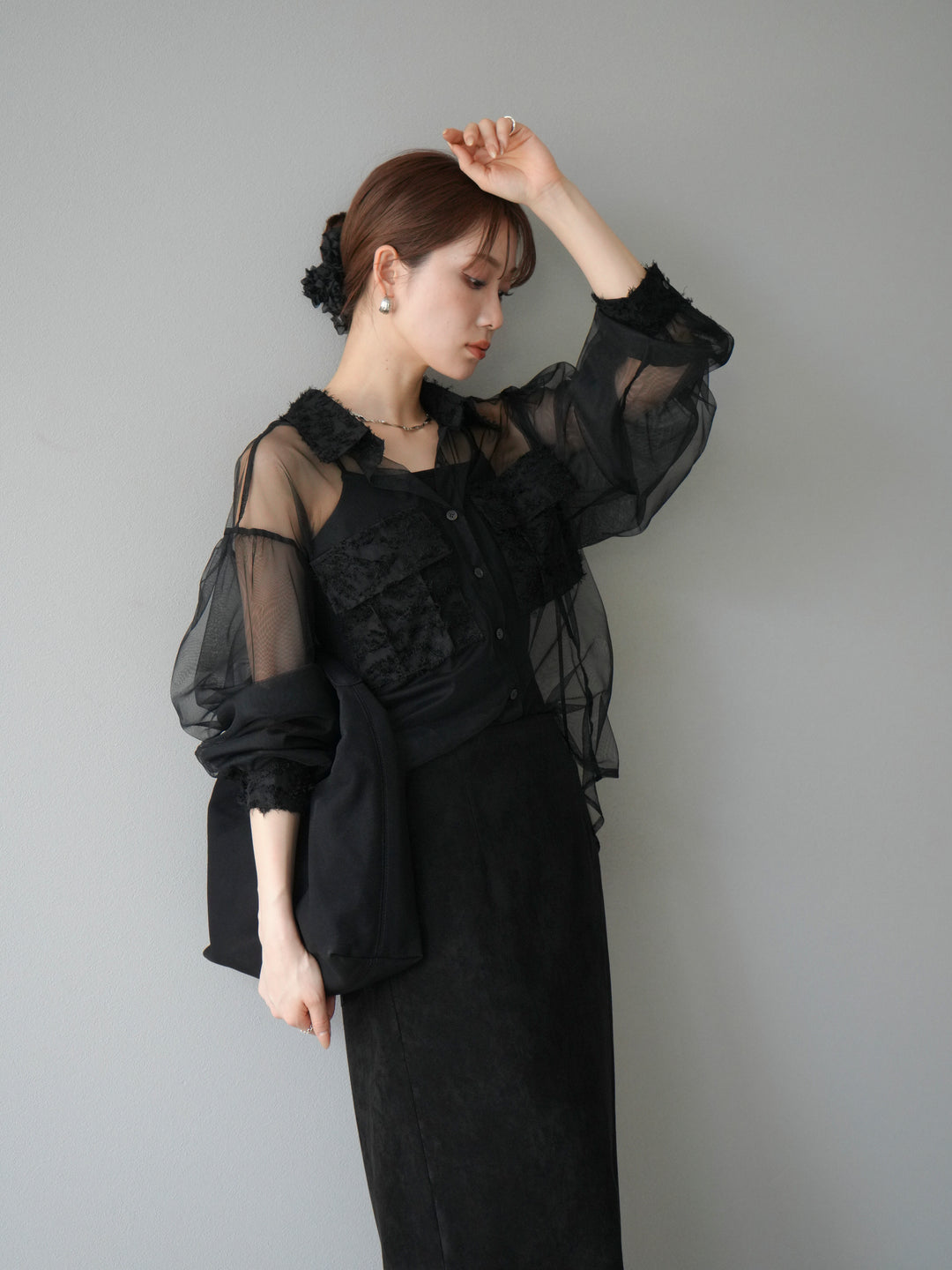[予約]フリンジジャガード×チュールレイヤードシャツ/ブラック
