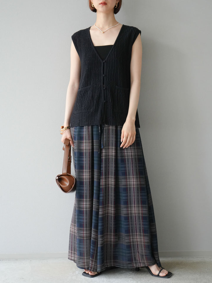 [預購] 透視格紋寬鬆褲/藏青色