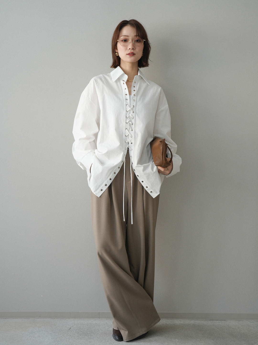 [SET]レースアップブロードシャツ+ベルト付キーホルダーモチーフワイドパンツ(2set)
